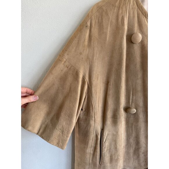 Vintage 70’s Suede Leather Coat Mink Collar XL Chocolate Beige Tan Button Up - Picture 3 of 15